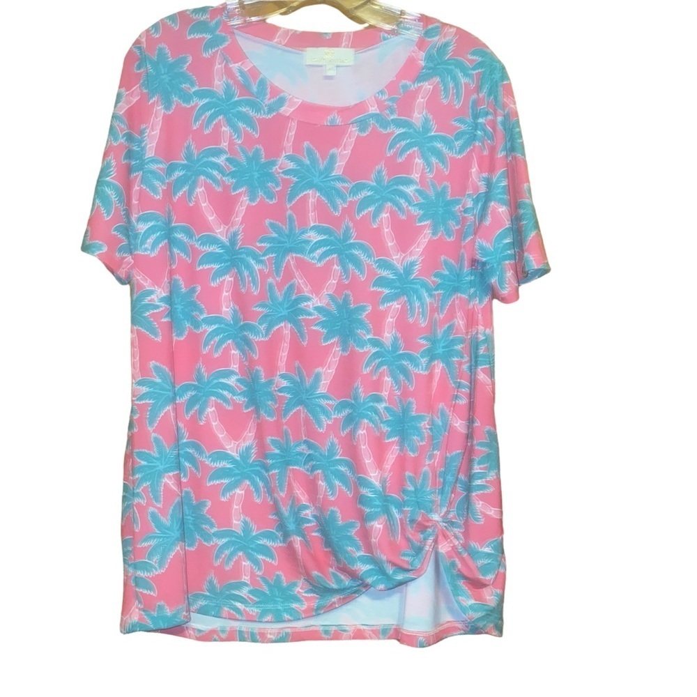 Simply southern pink palm trees stretch top blouse with side knot M tropical